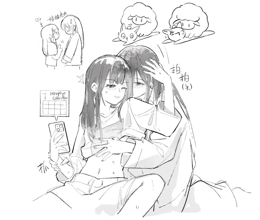2girls aoki_hina blush cellphone chinese_commentary chinese_text commentary_request greyscale height_difference highres holding holding_another&#039;s_wrist holding_phone jhon_trick long_hair monochrome multiple_girls navel open_mouth phone protected_link real_life shirt shorts sidelocks simple_background smartphone sweat translation_request voice_actor white_background youmiya_hina yuri