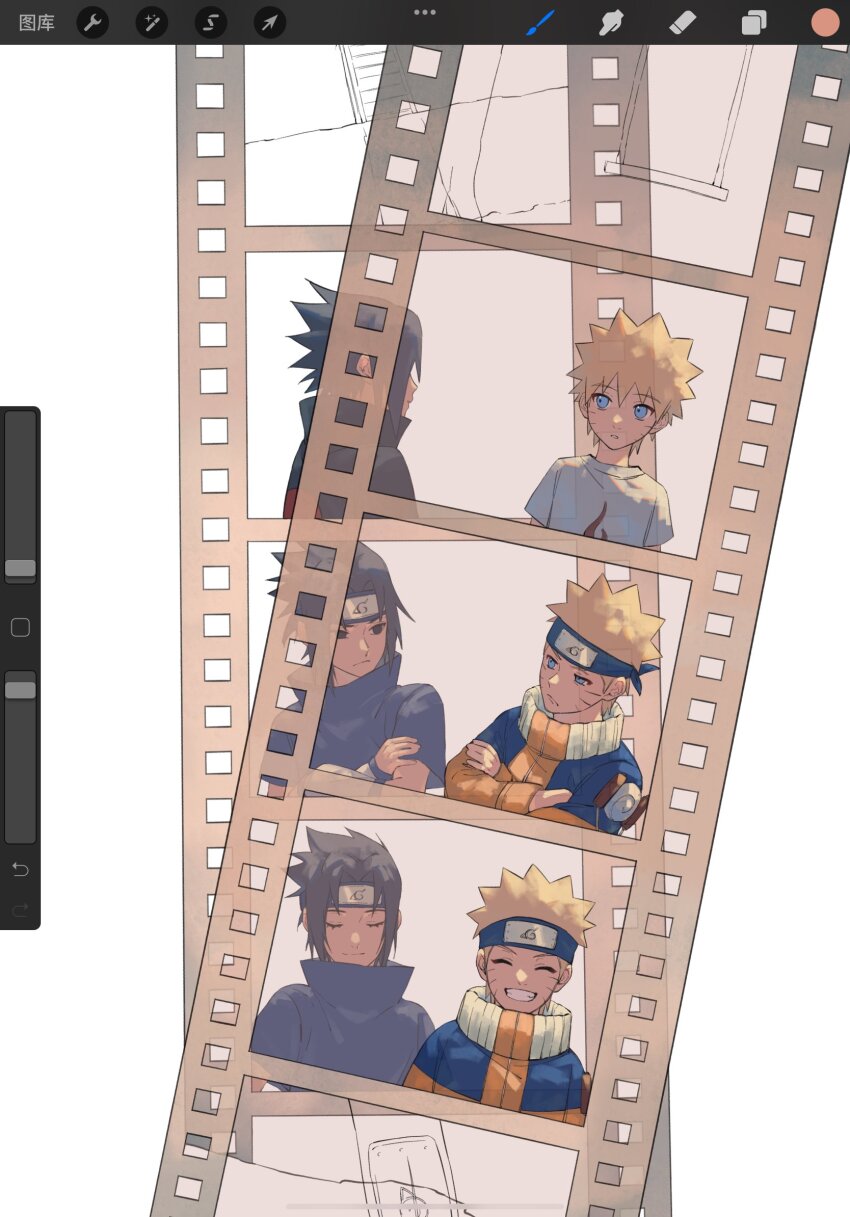 2boys art_program_in_frame black_hair black_shirt blonde_hair blue_eyes closed_eyes crossed_arms facial_mark film_strip grin haruiro_(hrm_ino) highres jacket light_smile looking_at_another male_focus multiple_boys naruto_(classic) naruto_(series) orange_jacket parted_bangs photo_(object) shirt short_hair smile spiked_hair time_progression uchiha_sasuke upper_body uzumaki_naruto whisker_markings white_background white_shirt
