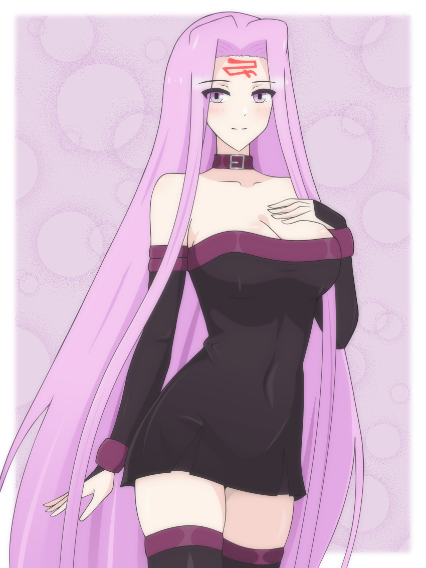 1girl absurdres bare_shoulders black_dress black_gloves black_thighhighs border breasts choker cleavage closed_mouth collarbone collared_shirt covered_navel cowboy_shot dani_(angrymatthew) dress elbow_gloves eyebrows_hidden_by_hair eyes_visible_through_hair facial_mark fate/grand_order fate/stay_night fate_(series) fingerless_gloves forehead_mark gloves hand_on_own_chest highres large_breasts long_bangs long_hair looking_at_viewer medusa_(fate) medusa_(rider)_(fate) no_blindfold outside_border parted_bangs purple_background purple_choker purple_dress purple_eyes purple_gloves purple_hair purple_thighhighs shirt short_dress smile solo standing strapless strapless_dress thighhighs thighs very_long_hair white_border