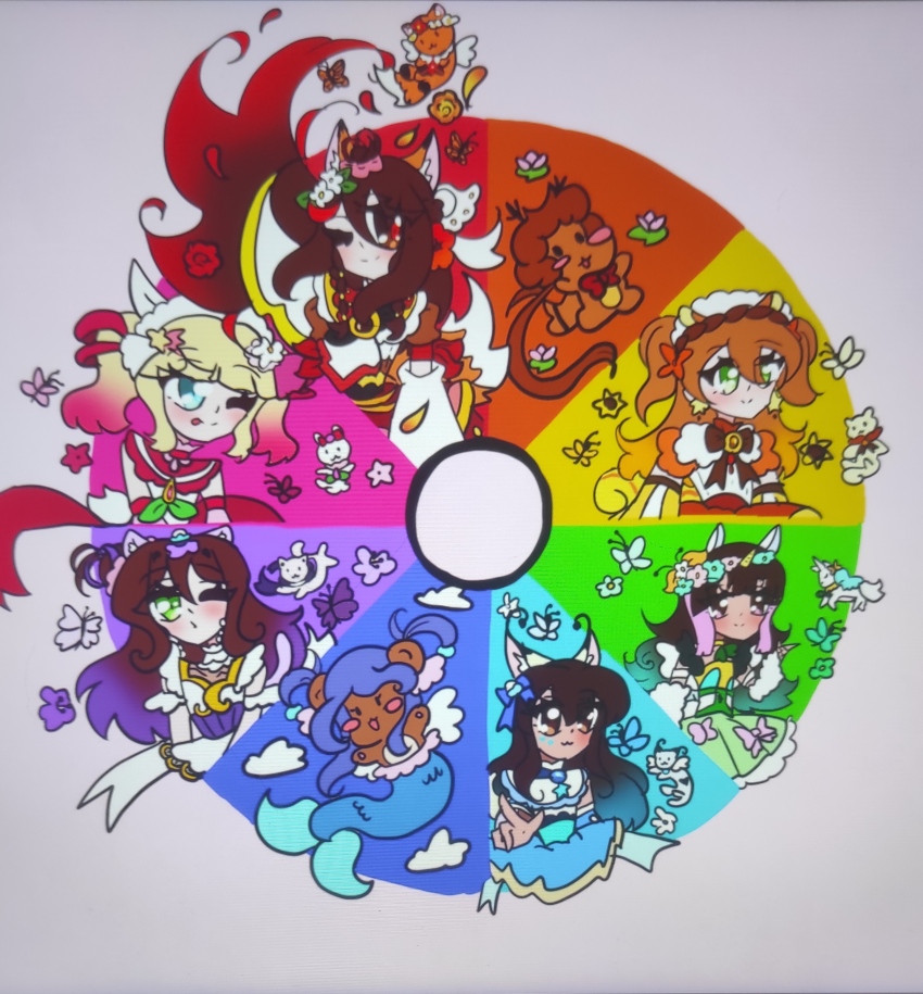 absurdres bug butterfly cat_girl color_wheel_challenge cure_caramel cure_fleuret_(a_la_mode_mahou_shoujo_precure_evoluting) cure_fondente cure_ice cure_rainbow_tiramisu cure_sorbet ery2010akieri fox_girl fushigino_seren gradient_hair highres insect kedakakino_erika kirakira_precure_a_la_mode korino_sophia long_hair magical_girl monarch_butterfly multicolored_hair multiple_drawing_challenge nekoyaki_jinebu ponytail precure rabbit_girl risuno_emilie squirrel_girl too_many too_many_butterflies unicorn_girl uzumino_katherine
