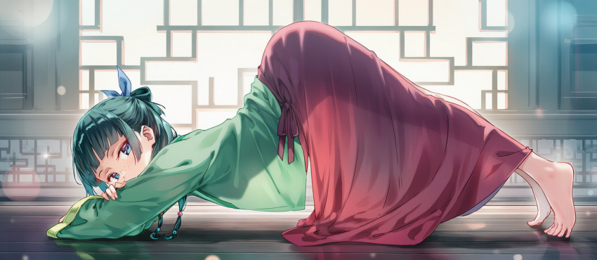 1girl aoqun beads blue_bow blue_eyes blue_ribbon blunt_bangs bow breasts chinese_clothes feet female_focus freckles full_body green_hair green_hanfu hair_beads hair_bow hair_ornament hair_ribbon hanfu highres imminent_penetration imminent_rape imminent_vaginal kusuriya_no_hitorigoto long_hair long_sleeves looking_at_viewer maomao_(kusuriya_no_hitorigoto) multi-tied_hair no_bra pants pestle raaivault ribbon see-through_clothes see-through_shirt see-through_skirt sexually_suggestive shirt skirt small_breasts solo solo_focus toes top-down_bottom-up
