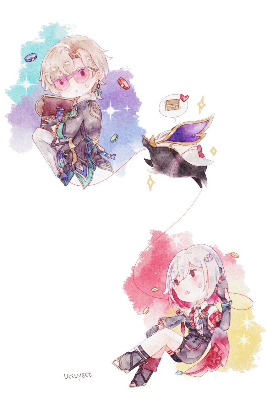 1boy 1girl aventurine_(honkai:_star_rail) black_coat black_footwear blonde_hair boots chibi coat colored_inner_hair highres holding honkai:_star_rail honkai_(series) long_sleeves multicolored_hair numby_(honkai:_star_rail) open_mouth red_hair short_hair simple_background string string_of_fate sunglasses sweat topaz_(honkai:_star_rail) treasure_chest trotter_(honkai:_star_rail) utsuyeet white_background white_hair