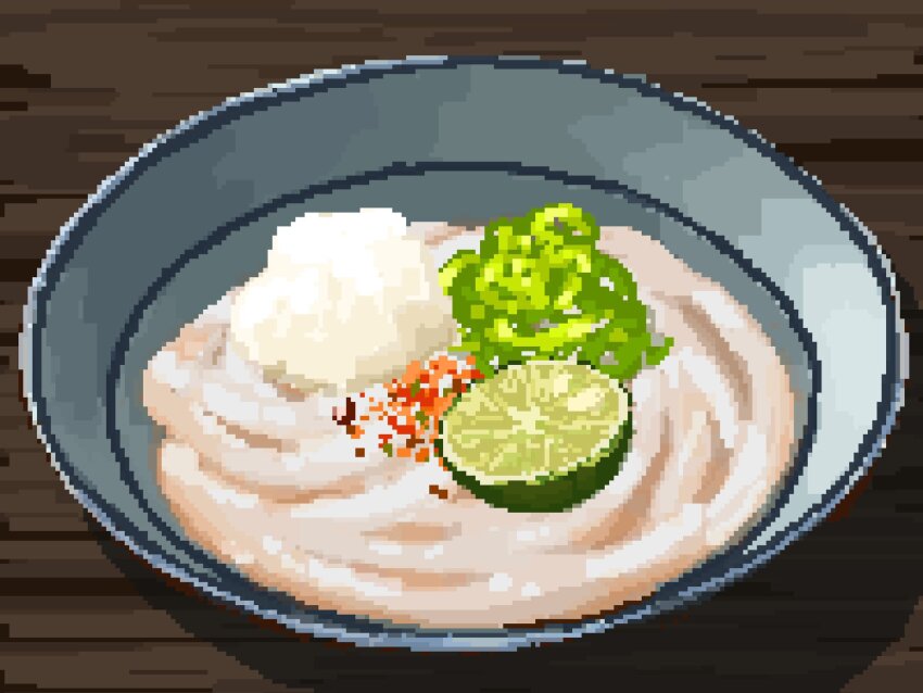 bowl chili_pepper daikon food food_focus fruit highres hisachan55cute lemon no_humans noodles on_table original pixel_art radish scenery simple_background spring_onion table udon wooden_table