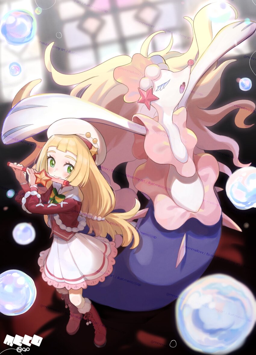 1girl abe_(kumayu) alternate_color blonde_hair blush boots closed_eyes dress flute frills full_body gen_7_pokemon green_eyes hat highres holding holding_flute holding_instrument indoors instrument lillie_(holiday_2024)_(pokemon) lillie_(pokemon) long_hair long_sleeves looking_at_viewer nintendo official_alternate_costume open_mouth pokemon pokemon_(creature) pokemon_masters_ex primarina recorder red_footwear ribbon shiny_pokemon shirt skirt white_hat