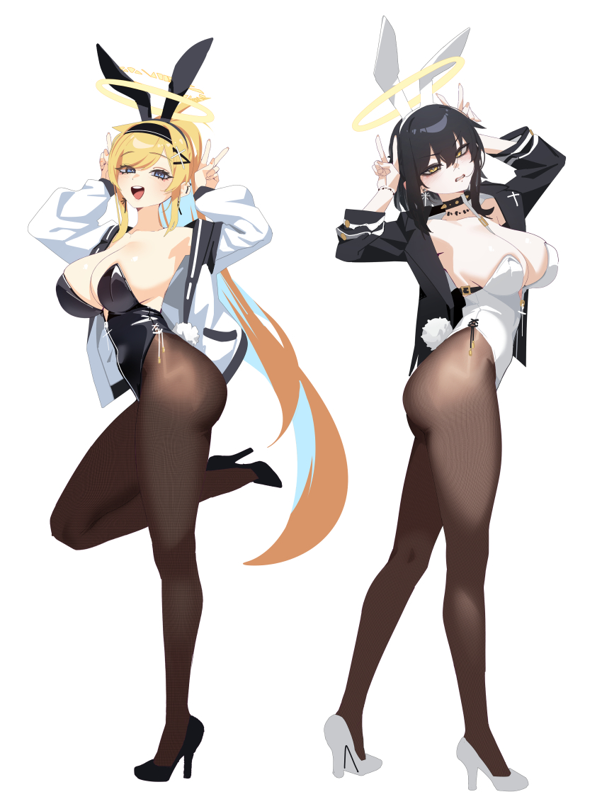 2girls absurdres animal_ears auriel_(behalter) behalter black_hair black_hairband black_leotard black_pantyhose black_shoes blonde_hair blue_eyes breasts cleavage commentary double_v english_commentary fake_animal_ears fake_tail hair_ornament hairband halo high_heels highres jacket large_breasts leg_up leotard long_hair looking_at_viewer multiple_girls open_clothes open_jacket open_mouth original pantyhose parted_lips playboy_bunny rabbit_pose raphael_(behalter) shoes short_hair simple_background standing standing_on_one_leg tail teeth v very_long_hair white_background white_jacket white_leotard white_shoes