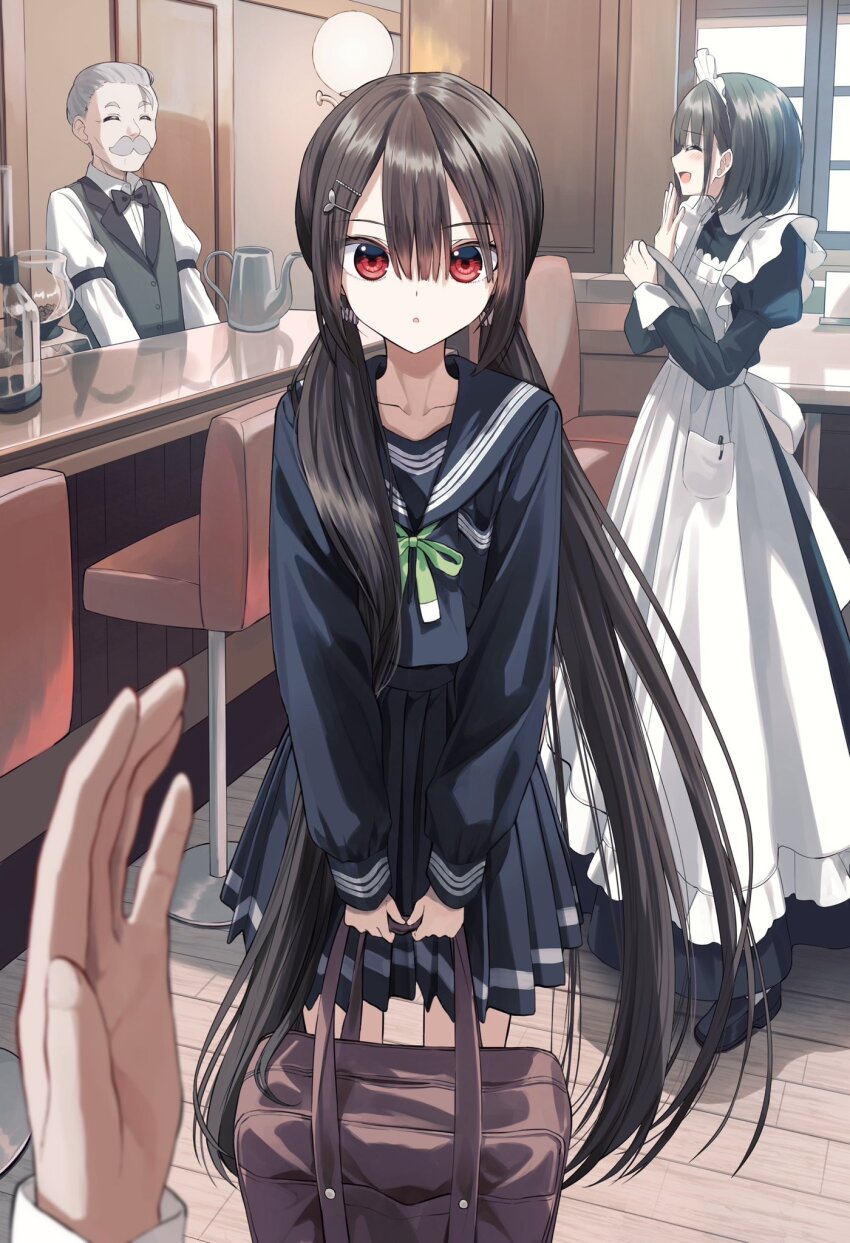 1boy 1other 2girls apron bag bar_stool black_bow black_bowtie black_hair black_serafuku black_shirt black_shoes black_skirt bow bowtie brown_hair collared_shirt commentary_request counter facial_hair green_ribbon grey_hair hair_ornament hairclip highres holding holding_bag holding_tray indoors long_hair long_sleeves looking_at_viewer maid maid_apron maid_headdress multiple_girls mustache original parted_lips pentagon_(railgun_ky1206) pleated_skirt red_eyes ribbon school_uniform serafuku shirt shoes short_hair skirt stool straight-on tray white_apron white_shirt