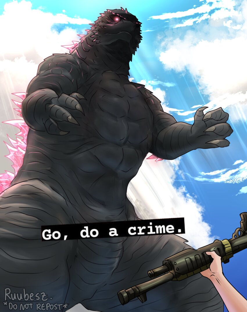 1boy 1other absurdres cloud cloudy_sky combat_shotgun crossover disembodied_hand dual-mode_shotgun fortnite go_do_a_crime_(meme) godzilla godzilla_(monsterverse) godzilla_(series) godzilla_evolved godzilla_x_kong:_the_new_empire gun highres holding holding_gun holding_weapon kaiju king_kong_(series) legendary_pictures lizard lizard_tail meme monsterverse multiple_crossover pink_eyes pump-action_shotgun pump_action ruubesz semi-automatic_shotgun shotgun sky spas-12 tail toho watermark weapon