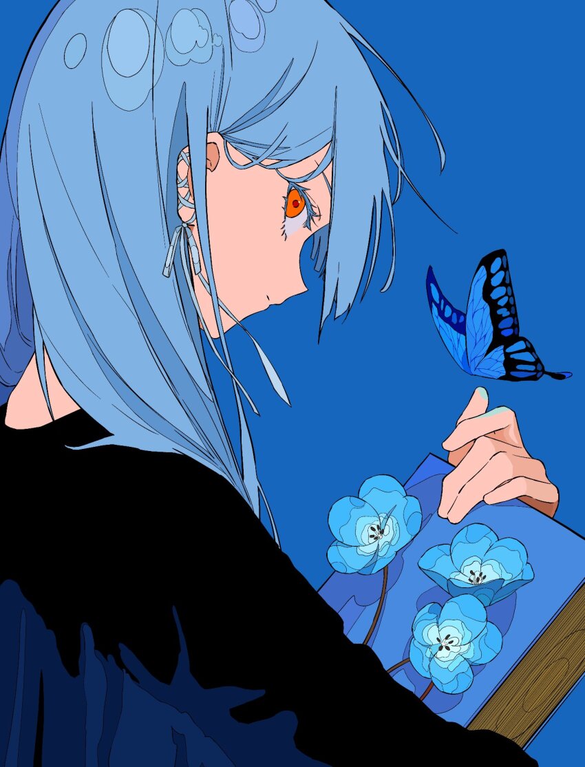 1girl black_shirt blue_background blue_butterfly blue_flower blue_hair bug butterfly closed_mouth colored_eyelashes expressionless eyelashes flower forget-me-not_(flower) highres holding insect long_hair looking_at_viewer original portrait red_eyes ribbon_earrings shirt solo tsukii_(t_s_u_k_i_i) upper_body