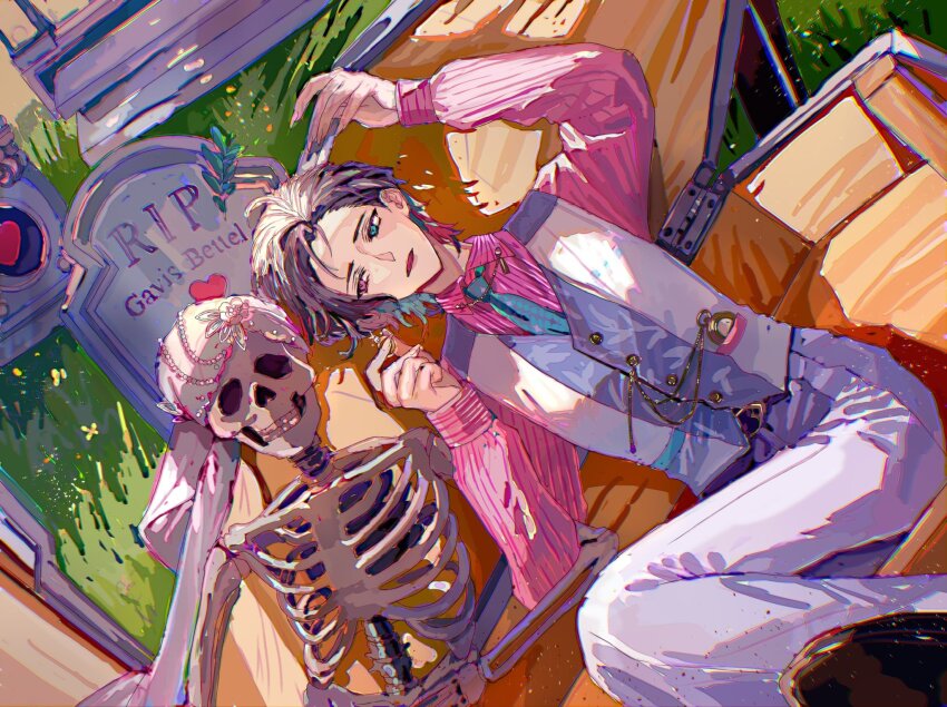 1boy bishounen blue_eyes blue_hair blue_necktie buttons coffin collared_shirt commentary english_commentary eyelashes gavis_bettel grass grey_hair hair_slicked_back heterochromia highres holostars holostars_english itoyuuichi jacket jerry_(gavis_bettel) long_sleeves male_focus multicolored_hair necktie official_alternate_costume official_alternate_hairstyle open_mouth outdoors pants pink_eyes pink_hair pink_shirt shirt short_hair skeleton sleeveless sleeveless_jacket striped_clothes striped_shirt sunlight tombstone unfinished veil virtual_youtuber white_pants white_veil