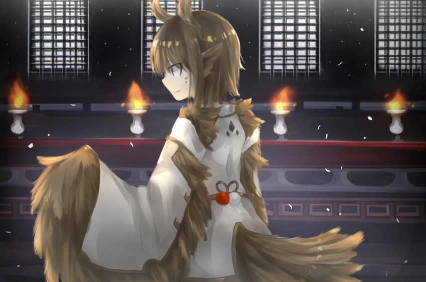 1girl animal_ears bird_ears bird_tail brown_feathers brown_hair brown_wings clothing_request commentary_request facial_mark feather_hair feathered_wings feathers fire harpy highres japanese_clothes medium_hair monster_girl original outdoors pippi_(ku_ro_do_zorizo_to) smile snowing solo tail winged_arms wings