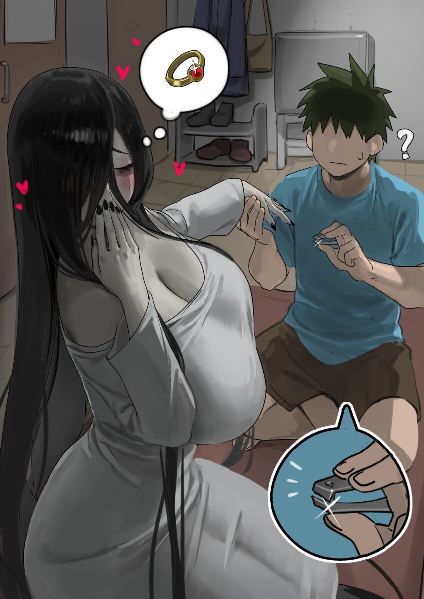 1boy 1girl ? bare_shoulders black_nails black_shorts blue_shirt blush breasts cleavage colored_skin dress faceless faceless_male fingernails grey_skin hetero highres holding_hands indoors jewelry kunti_(nia) large_breasts long_fingernails long_hair misunderstanding nail_clippers nia_(nia4294) original ring shirt short_hair shorts sitting spiked_hair white_dress