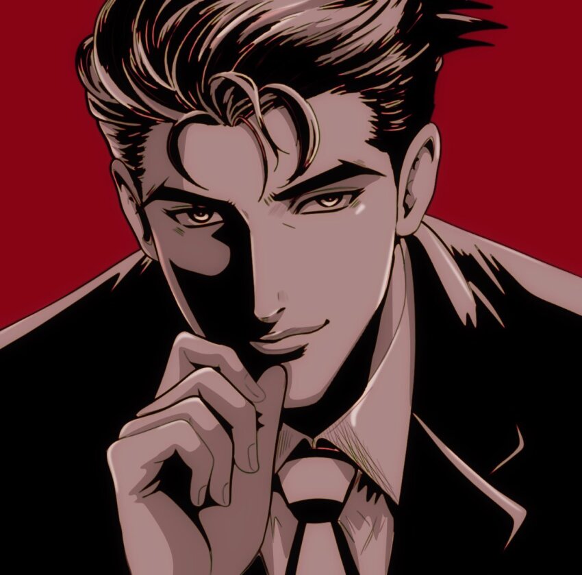 1boy closed_mouth collared_shirt fingernails greyscale_with_colored_background jacket looking_at_viewer male_focus mature_male megadeus_mommy necktie portrait red_background roger_smith shaded_face shirt short_hair sideburns solo the_big_o v-shaped_eyebrows