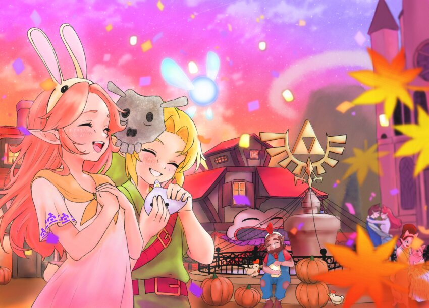 absurdres autumn_leaves belt blonde_hair blush bunny_hood_(zelda) closed_eyes cucco dancing darling_(zelda) dog dress fountain grin halloween halloween_costume hat highres honey_(zelda) hug instrument leaf link long_hair malon mamamu_yan_(zelda) mask mask_on_head mountainous_horizon navi nintendo ocarina open_mouth orange_hair outdoors pointy_ears pumpkin sitting skull_mask smile sunset talon_(zelda) temple temple_of_time the_legend_of_zelda the_legend_of_zelda:_ocarina_of_time tunic volcano yama_giragira