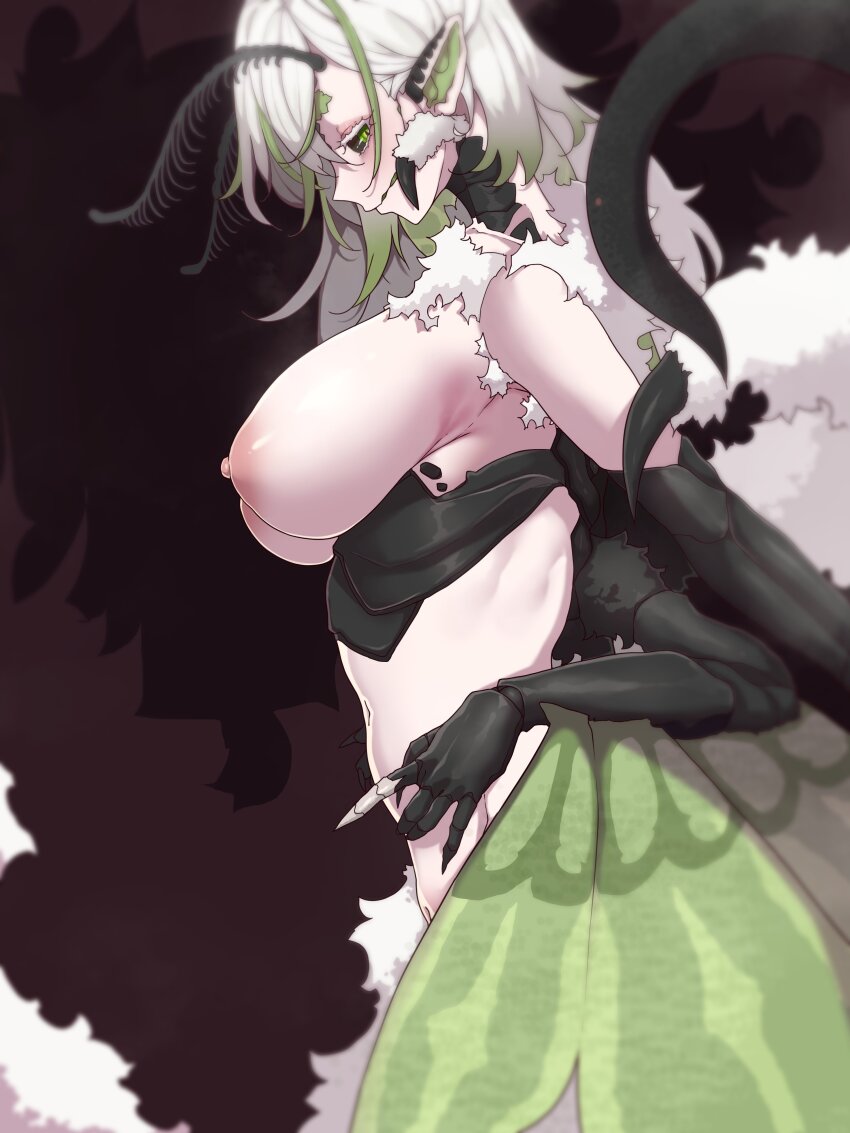 1girl absurdres arthropod_girl bare_shoulders black_sclera breasts breasts_out colored_sclera cowboy_shot extra_arms from_side green_wings grey_hair highres indie_virtual_youtuber insect_girl insect_wings juniper_actias large_breasts long_hair moth_girl multicolored_hair navel nipples solo streaked_hair todding two-tone_hair virtual_youtuber white_hair winged_arms wings
