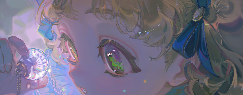 1girl ball blonde_hair blue_ribbon chain close-up commentary crystal glowing green_eyes hair_ribbon hand_up highres holding holding_pendant jewelry original parted_lips pendant ribbon solo sparkle tamomoko taro-k