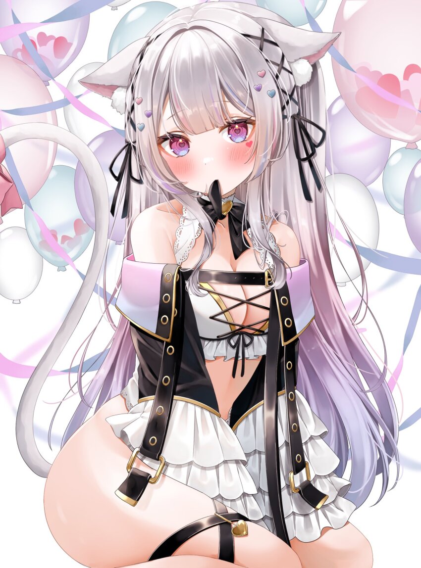 1girl animal_ear_fluff animal_ears balloon blush breasts cat_ears cat_girl cat_tail center-flap_bangs cleavage frilled_sleeves frills gradient_hair hair_ornament hair_ribbon halterneck heart heart_hair_ornament heart_sticker highres indie_virtual_youtuber large_breasts looking_at_viewer mashiro_meronya multicolored_hair off_shoulder ohagetty purple_eyes purple_hair ribbon second-party_source sidelocks sitting solo strap tail thigh_strap v_arms virtual_youtuber white_hair wide_sleeves