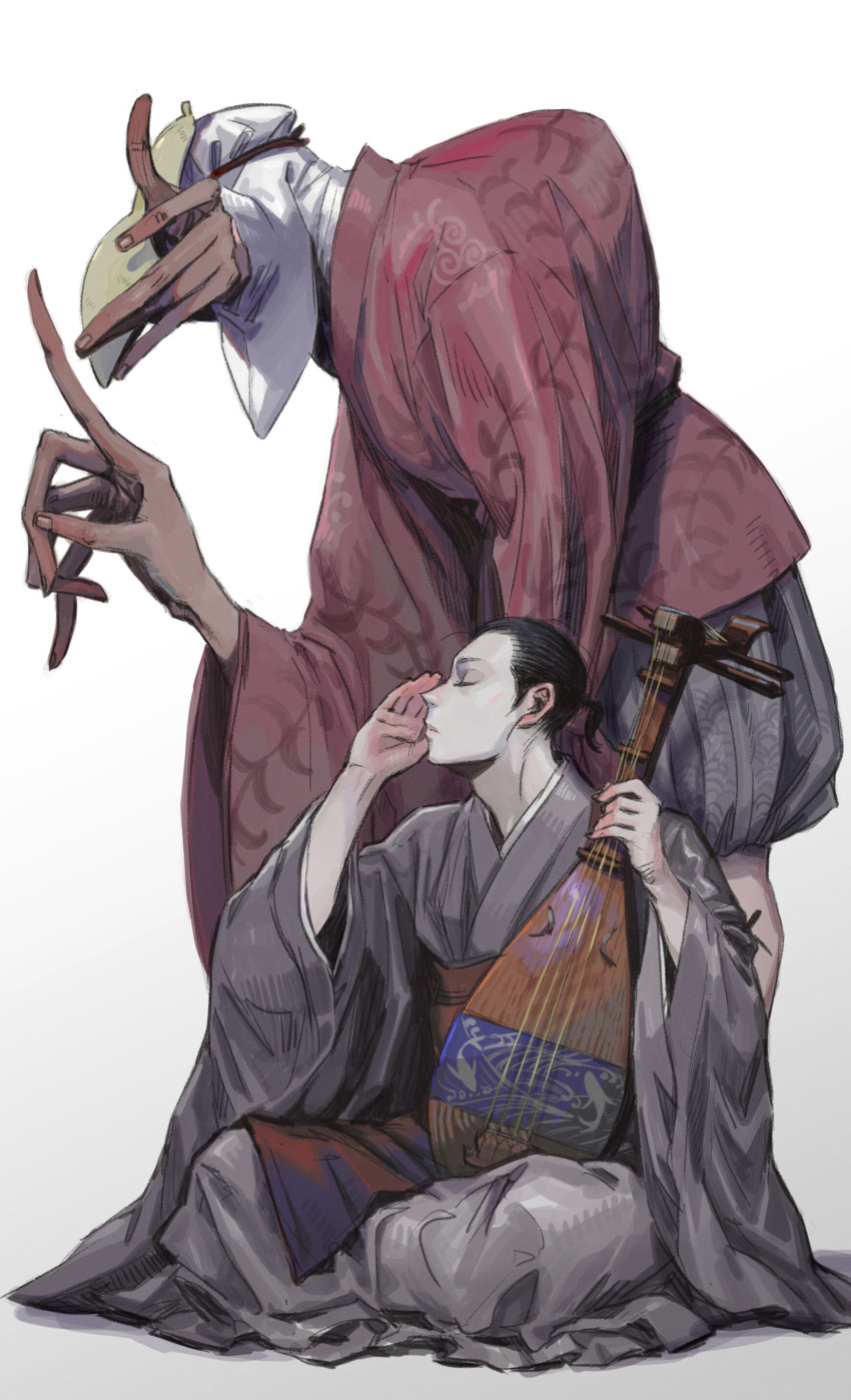2boys absurdres behind_another biwa_lute black_hair closed_eyes closed_mouth covered_face cupping_ears egyuuu from_side full_body grey_kimono hand_up highres holding holding_instrument hunchback index_finger_raised indian_style instrument inu-oh inu-oh_(inu-oh) jacket japanese_clothes kimono large_hands long_fingers long_sleeves lute_(instrument) male_focus mask mask_lift monster_boy multiple_boys pale_skin ponytail profile puffy_pants red_jacket short_hair short_ponytail simple_background sitting standing tomona_(inu-oh) wide_sleeves