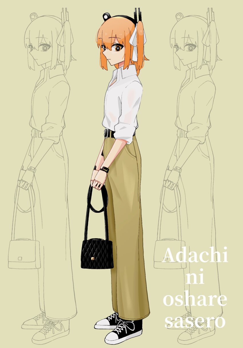 1girl a.i._voice adachi_rei alternate_costume android bag belt black_belt brown_pants closed_mouth dress_shirt expressionless fashion from_side full_body headlamp highres holding holding_bag joints long_hair looking_at_viewer looking_to_the_side one_side_up orange_eyes orange_hair pants partially_colored popped_collar radio_antenna raised_eyebrows recurring_image robot_joints romaji_text sabiwo see-through_clothes see-through_shirt shirt shirt_tucked_in shoes shoulder_bag sidelocks simple_background sleeves_rolled_up sneakers solo standing utau white_shirt yellow_background