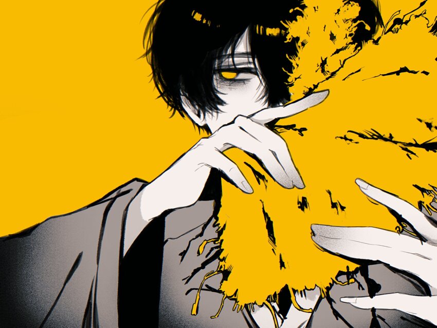 1boy bags_under_eyes black_hair covering_own_mouth e.g.o_(project_moon) facing_viewer grey_hanbok hand_fan highres holding holding_fan limbus_company one_eye_covered project_moon red_hong00 short_hair side-eyed solo spicebush_(e.g.o) yellow_eyes yellow_theme yi_sang_(project_moon)