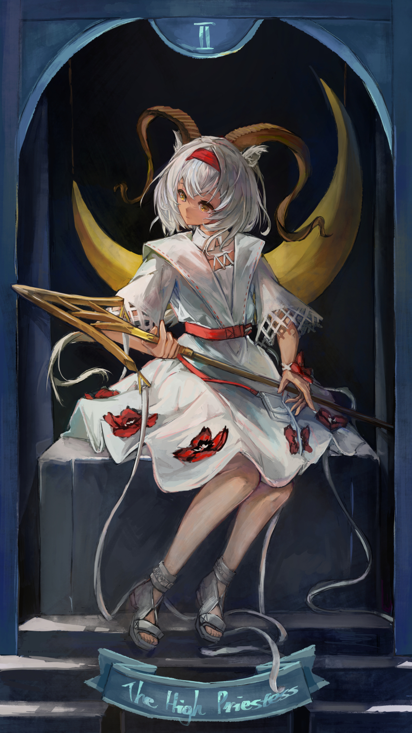 1girl absurdres animal_ears arknights beeswax_(arknights) beeswax_(holiday)_(arknights) commentary dress english_commentary full_body goat_ears goat_girl goat_horns hairband highres holding holding_polearm holding_weapon horns karenncat long_hair official_alternate_costume orange_eyes polearm red_hairband sitting solo tarot the_high_priestess_(tarot) weapon white_dress white_hair