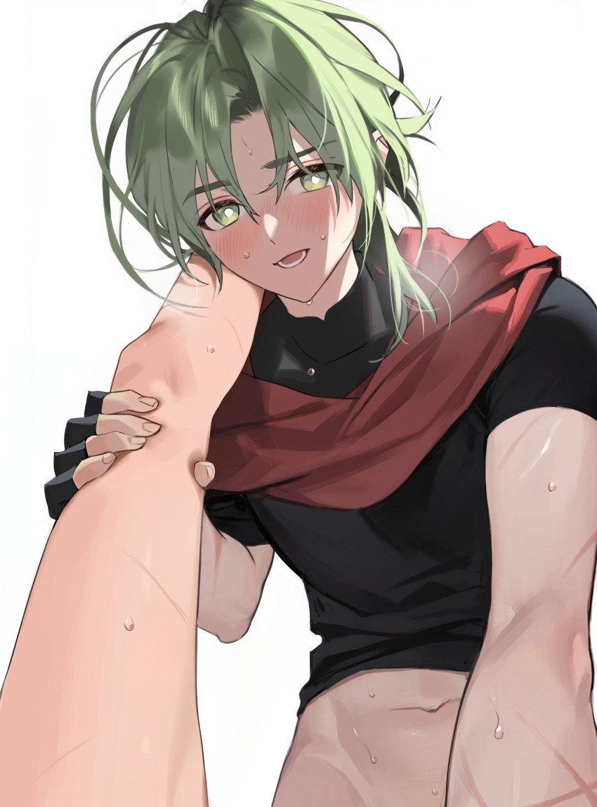 2boys :d absurdres black_gloves black_shirt blush bottomless breath bright_pupils commentary_request fingerless_gloves gloves green_eyes green_hair highres kiino_(keeeno_7th) leg_hold lower_teeth_only male_focus multiple_boys navel open_mouth original red_scarf scar scar_on_arm scarf shirt simple_background smile solo_focus sweat teeth white_background white_pupils yaoi