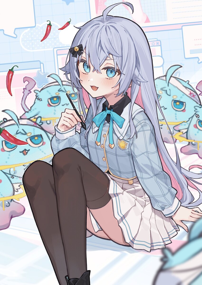 1girl :d absurdres ahoge aqua_bow bell black_bow black_shirt black_thighhighs blue_eyes blue_ribbon bow chili_pepper collared_shirt colored_inner_hair commentary_request crossed_bangs fang feet_out_of_frame grey_hair hair_bell hair_between_eyes hair_bow hair_ornament hand_up highres holding indie_virtual_youtuber jingle_bell kagura_nana knees_up light_blush long_hair long_sleeves looking_at_viewer miniskirt multicolored_hair neck_ribbon open_mouth pleated_skirt ribbon shirt sitting skirt smile solo thighhighs tsukino_(nakajimaseiki) virtual_youtuber white_skirt wing_collar