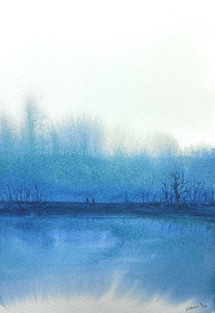 2others bare_tree blue_sky field highres horizon mouen_tw multiple_others night night_sky original painting_(medium) pond scenery sky traditional_media tree water watercolor_(medium) white_background