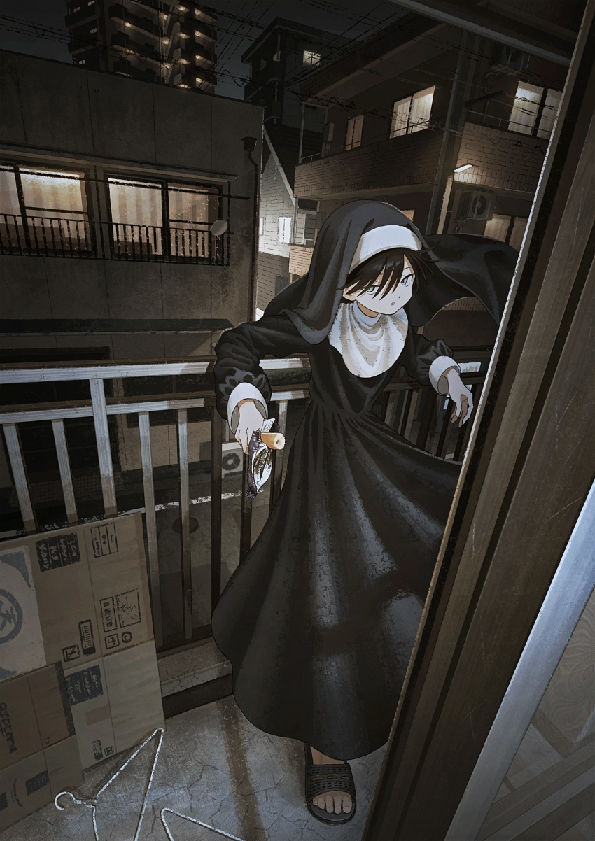 1boy apartment black_dress black_hair black_sandals building cardboard city city_lights cityscape clothes_hanger crack cracked_floor crossdressing dress evening food_request habit highres long_sleeves looking_at_viewer male_focus night night_sky nun original sandals sasakure_(mogunonbi) sky solo standing tagme traditional_nun veranda