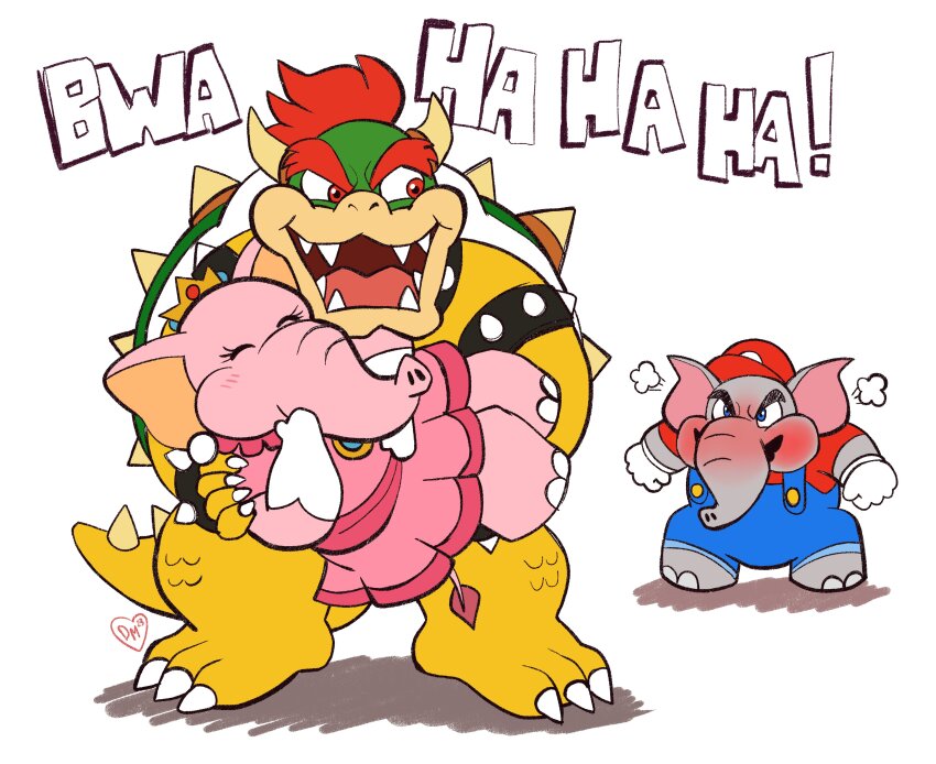 1girl 2boys ^_^ ^v^ absurdres angry animal_ears armlet blue_eyes blue_overalls bowser bracelet carrying choker closed_eyes collared_shirt crown domestic_maid dress elephant_ears elephant_mario elephant_peach elephant_tail gem gloves hat highres horns jewelry laughing mario mario_(series) multiple_boys nintendo overalls pink_dress princess_carry princess_peach red_eyes red_hair red_headwear red_shirt shadow sharp_teeth shirt simple_background spiked_armlet spiked_bracelet spiked_choker spiked_shell spikes super_mario_bros._wonder tail teeth white_gloves
