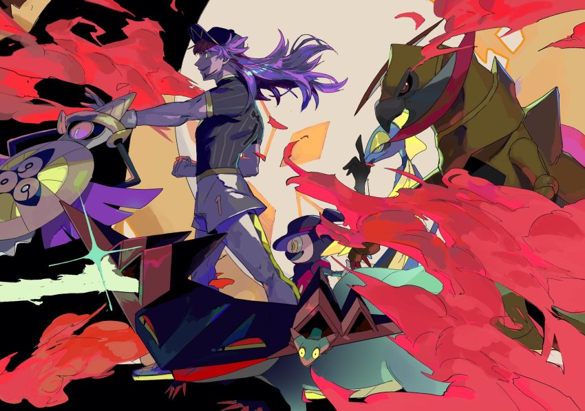 1boy aegislash bad_id bad_twitter_id baseball_cap clenched_hand commentary_request dragapult dreepy facial_hair floating_hair game_freak gen_5_pokemon gen_6_pokemon gen_8_pokemon hat haxorus highres inteleon leggings leon_(pokemon) long_hair mr._rime nintendo pokemon pokemon_(creature) pokemon_swsh purple_hair shirt shoes short_sleeves shorts siosaba04 smile yellow_eyes