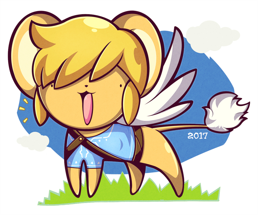 :3 blonde_hair blue_shirt cardcaptor_sakura cloud commentary cosplay dated english_commentary full_body kero_(cardcaptor_sakura) link link_(cosplay) nintendo no_humans open_mouth shirt sidelocks solid_circle_eyes solo standing the_legend_of_zelda the_legend_of_zelda:_breath_of_the_wild woofzilla