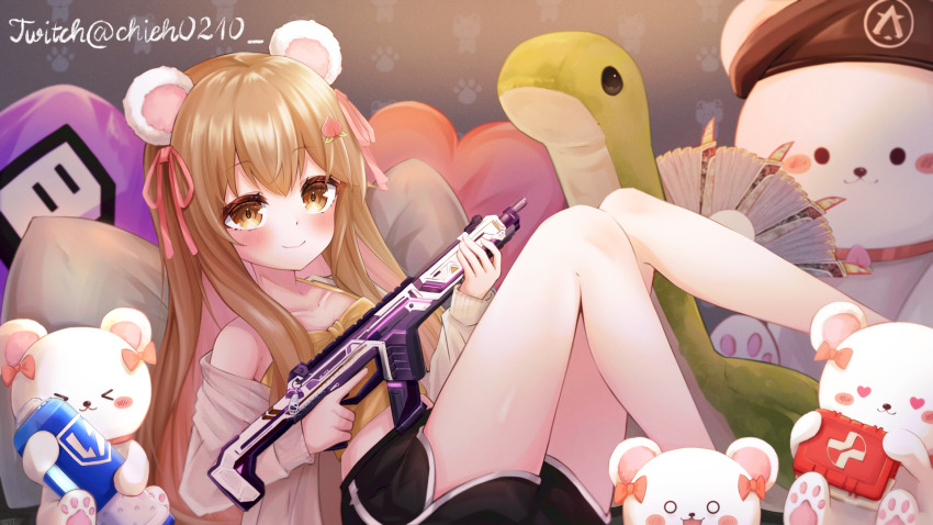 1girl animal_ears animification apex_legends arms_dealer_loba assault_rifle battery bear_ears beret black_hat black_shorts blush brown_camisole brown_hair camisole chieh0210 collarbone colored_inner_hair commission fake_animal_ears first_aid_kit flat_chest garra_de_alanza gun gym_shorts hair_ribbon hat heart heart-shaped_pillow highres holding holding_gun holding_weapon lightning_bolt_symbol loba_(apex_legends) long_hair multicolored_hair nessie_(respawn) paw_print pillow pink_hair pink_ribbon r-301_carbine real_life ribbon rifle shorts smile solo stuffed_animal stuffed_toy teddy_bear twitch.tv twitter_username very_long_hair weapon yang1413
