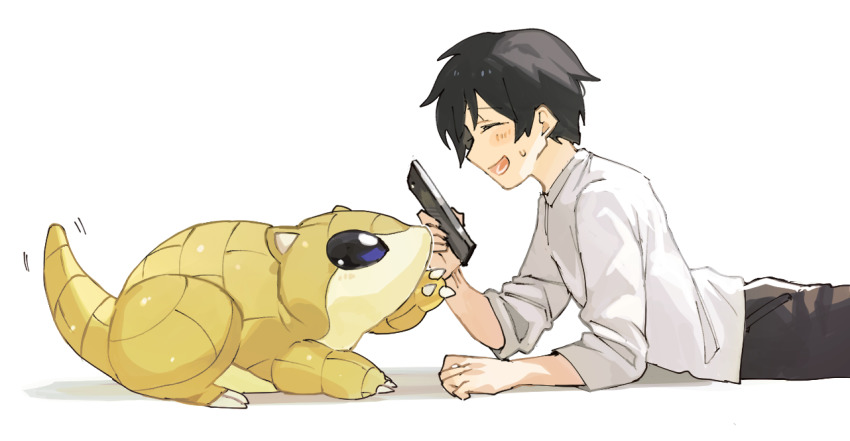 1boy :d black_eyes black_hair black_pants blush cellphone claws closed_eyes commentary_request creatures_(company) from_side game_freak gen_1_pokemon holding holding_phone lower_teeth_only male_focus newo_(shinra-p) nintendo open_mouth pants phone pokemon pokemon_(creature) sandshrew shirt short_hair three-quarter_sleeves smile sweatdrop tail tail_wagging teeth white_background white_shirt