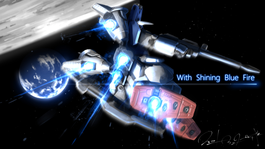 dated earth_(planet) english_text flying from_below gundam gundam_0083 gundam_gp-01_full_vernian_zephyranthes mecha mobile_suit moon no_humans planet robot science_fiction serike_w signature solo space thrusters