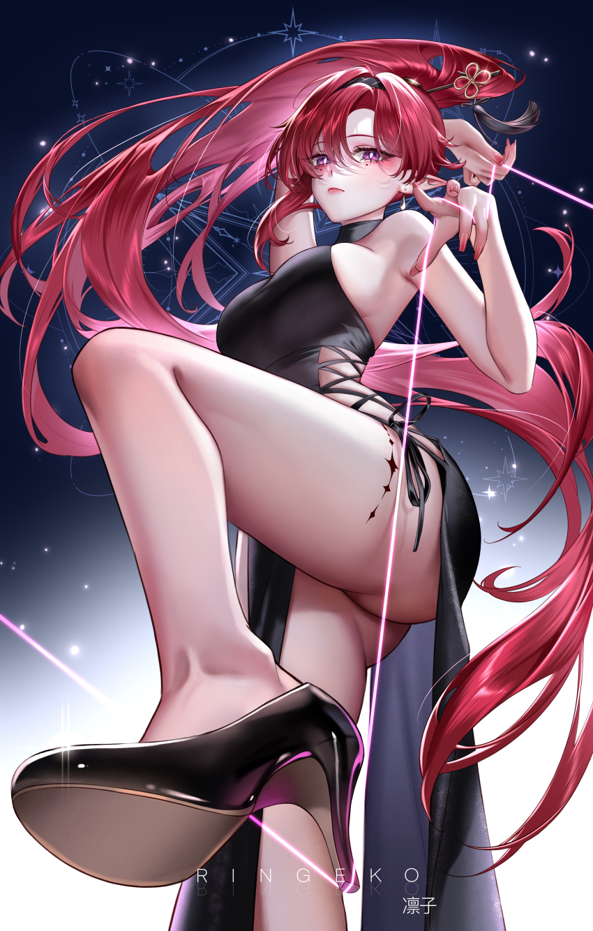 1girl absurdres alternate_costume ass bare_shoulders black_hairband breasts bright_pupils earrings hair_between_eyes hair_ornament hair_spread_out hairband high_ponytail highres jewelry large_breasts long_hair looking_at_viewer mole mole_under_each_eye mole_under_eye multiple_moles no_panties pointy_ears ponytail puppet_strings purple_eyes red_hair ringeko-chan tacet_mark_(wuthering_waves) very_long_hair white_pupils wuthering_waves yinlin_(wuthering_waves)