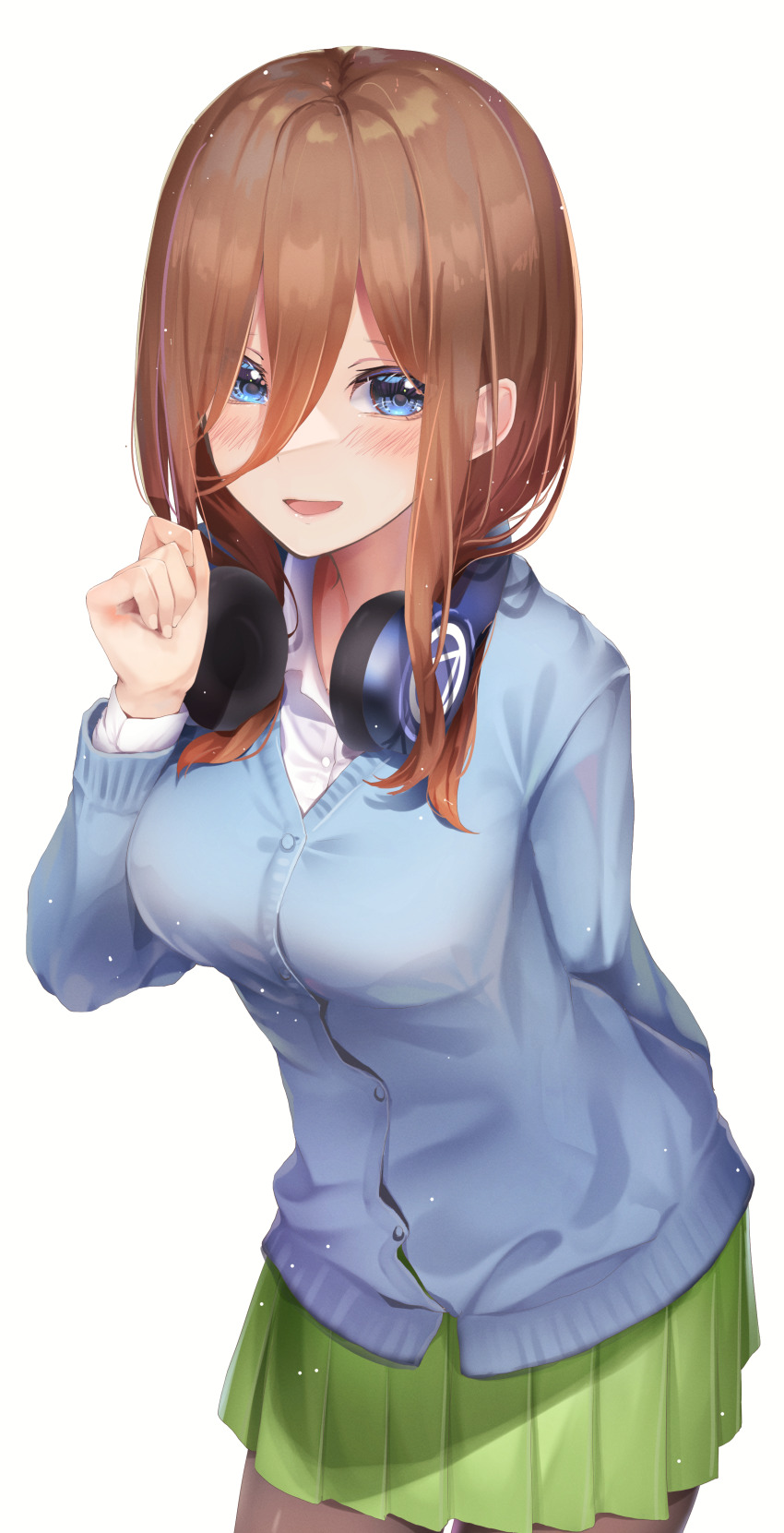 1girl :d absurdres blue_cardigan blue_eyes blush breasts brown_hair cardigan collared_shirt commentary_request dress_shirt go-toubun_no_hanayome green_skirt hair_between_eyes hand_up headphones headphones_around_neck highres large_breasts long_hair long_sleeves looking_at_viewer nakano_miku open_mouth pleated_skirt school_uniform shirt sidelocks simple_background skirt smile solo standing sweater white_background white_shirt yuunamida_uyu