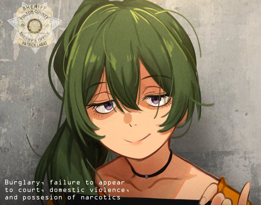 1girl black_choker choker commentary english_commentary english_text green_hair hair_between_eyes highres khyle. long_hair mugshot portrait purple_eyes side_ponytail solo sousou_no_frieren ubel_(sousou_no_frieren)