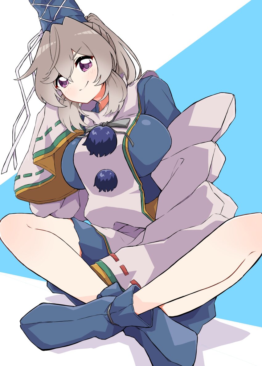 1girl absurdres blue_background blue_boots blue_dress blue_hat blush boots breasts closed_mouth commentary_request detached_sleeves dress full_body grey_hair gurajio hair_between_eyes hat head_tilt high_ponytail highres indian_style japanese_clothes kariginu large_breasts long_hair looking_at_viewer mononobe_no_futo pom_pom_(clothes) ponytail purple_eyes ribbon-trimmed_sleeves ribbon_trim simple_background sitting sleeves_past_fingers sleeves_past_wrists smile solo tabard tate_eboshi touhou two-tone_background white_background white_sleeves white_tabard