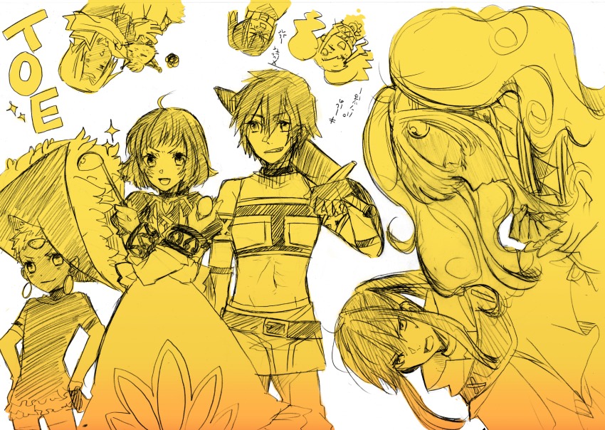 abs ahoge anger_vein bare_shoulders beard chat_(tales) cloak dress earrings egg closed_eyes facial_hair farah_oersted fog_(tales) frills gloves grin hat highres jewelry keele_zeibel long_hair meredy_(tales) monochrome open_mouth pants ponytail reid_hershel short_hair smile sparkle sword tales_of_(series) tales_of_eternia twintails weapon