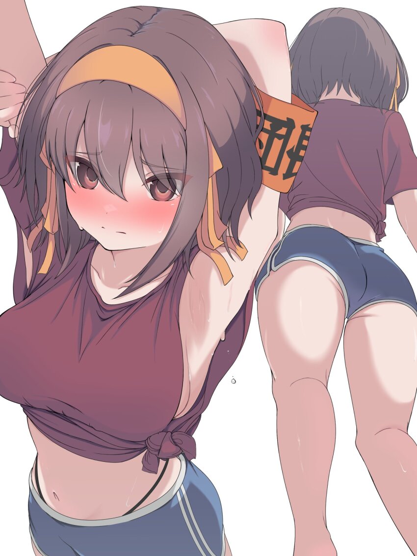 1girl alternate_costume armband armpits arms_up ass black_panties blue_shorts blush breasts brown_eyes brown_hair closed_mouth embarrassed feet_out_of_frame from_behind from_below hairband highleg highleg_panties highres large_breasts looking_at_viewer multiple_views navel nose_blush orange_armband orange_hairband panties rai_iceblast red_shirt shirt short_hair shorts sidelocks simple_background suzumiya_haruhi suzumiya_haruhi_no_yuuutsu underwear white_background