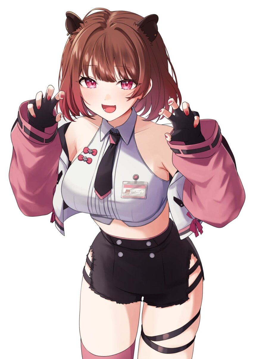 1girl :d animal_ears black_gloves black_necktie black_shorts blush breasts brown_hair capybara_ears capybara_girl collared_shirt commentary_request cowboy_shot crop_top fingerless_gloves fingernails fujishima02 gloves gradient_hair hair_intakes highres id_card jacket large_breasts leaning_forward looking_at_viewer lower_teeth_only midriff multicolored_hair nanashi_inc. necktie open_clothes open_jacket open_mouth pink_hair pink_sleeves pink_thighhighs red_nails shirt short_hair shorts simple_background sleeveless sleeveless_shirt smile solo teeth thigh_strap thighhighs virtual_youtuber white_background white_jacket white_shirt yunohara_izumi