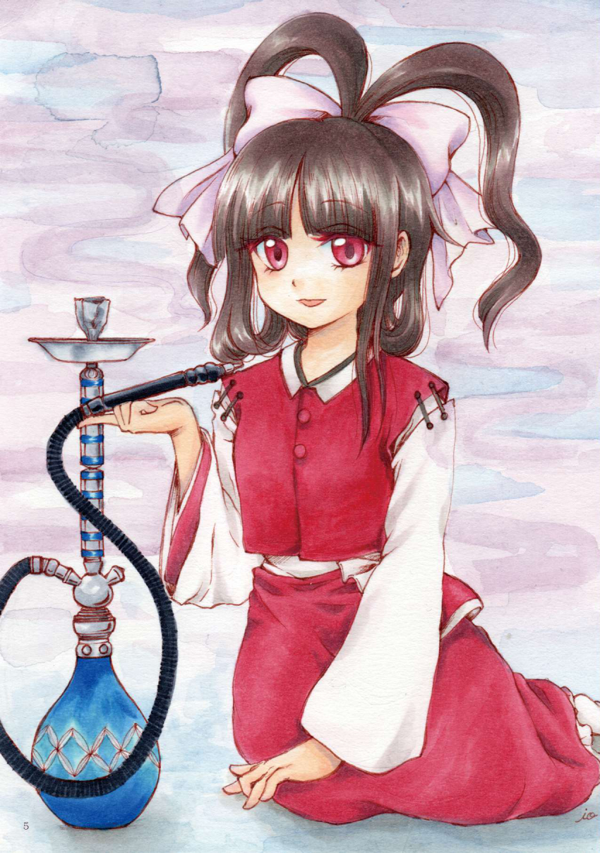 1girl black_hair bong buttons commentary_request hair_ribbon hakurei_reimu highres io_(maryann_blue) japanese_clothes kataginu long_sleeves looking_at_viewer open_mouth parted_lips pink_ribbon ponytail portrait_of_exotic_girls red_eyes red_skirt red_vest ribbon shirt sitting skirt smoke solo touhou vest white_shirt wide_sleeves yokozuwari