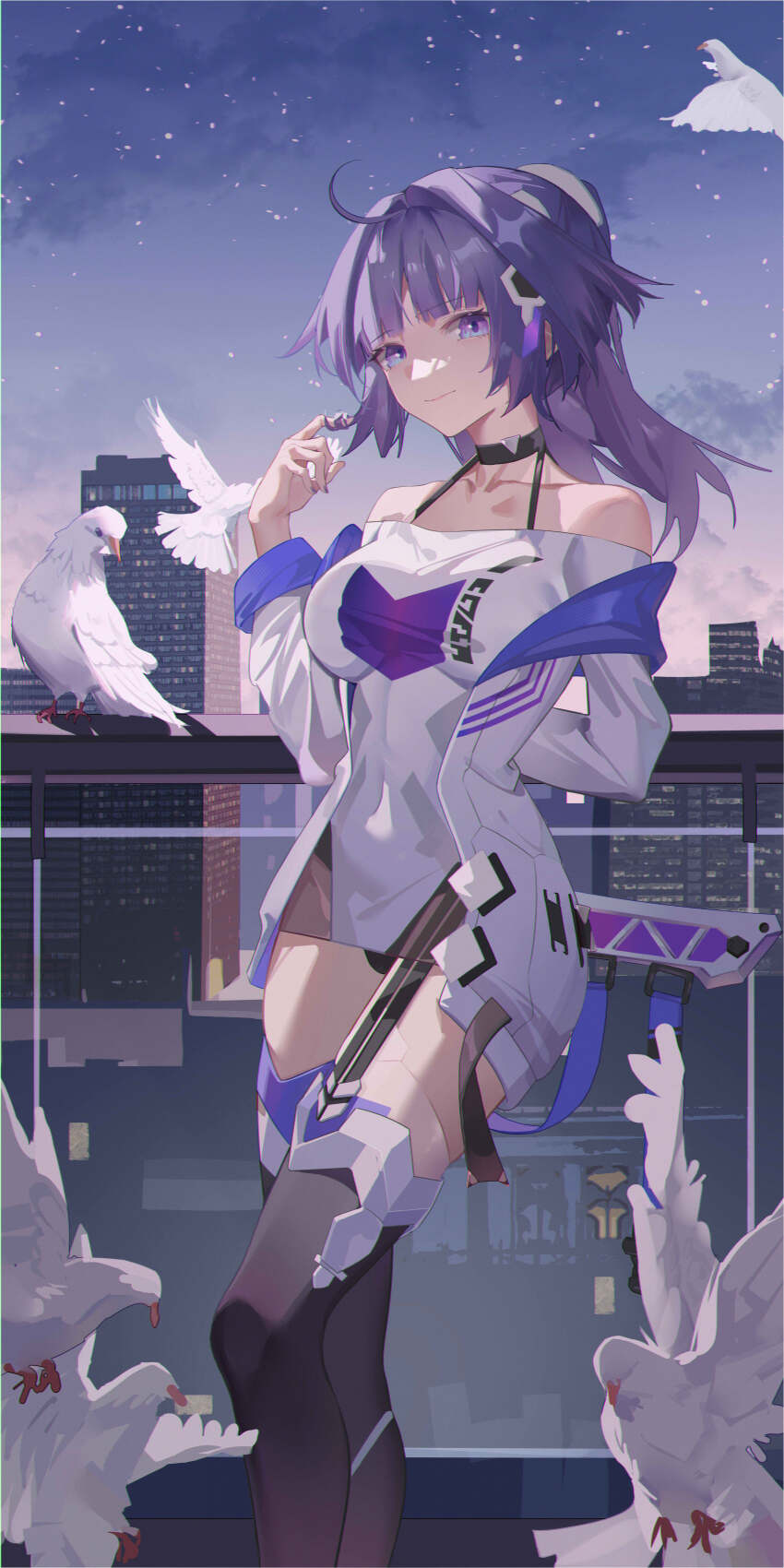 1girl absurdres ahoge bare_shoulders bird black_choker black_thighhighs blunt_bangs bra_strap chinese_commentary choker city comet-c commentary_request dress feet_out_of_frame hair_intakes highres honkai_(series) honkai_impact_3rd jacket long_hair long_sleeves looking_at_viewer night night_sky off-shoulder_dress off_shoulder outdoors pencil_dress purple_eyes purple_hair raiden_mei sky solo standing thighhighs white_dress white_jacket