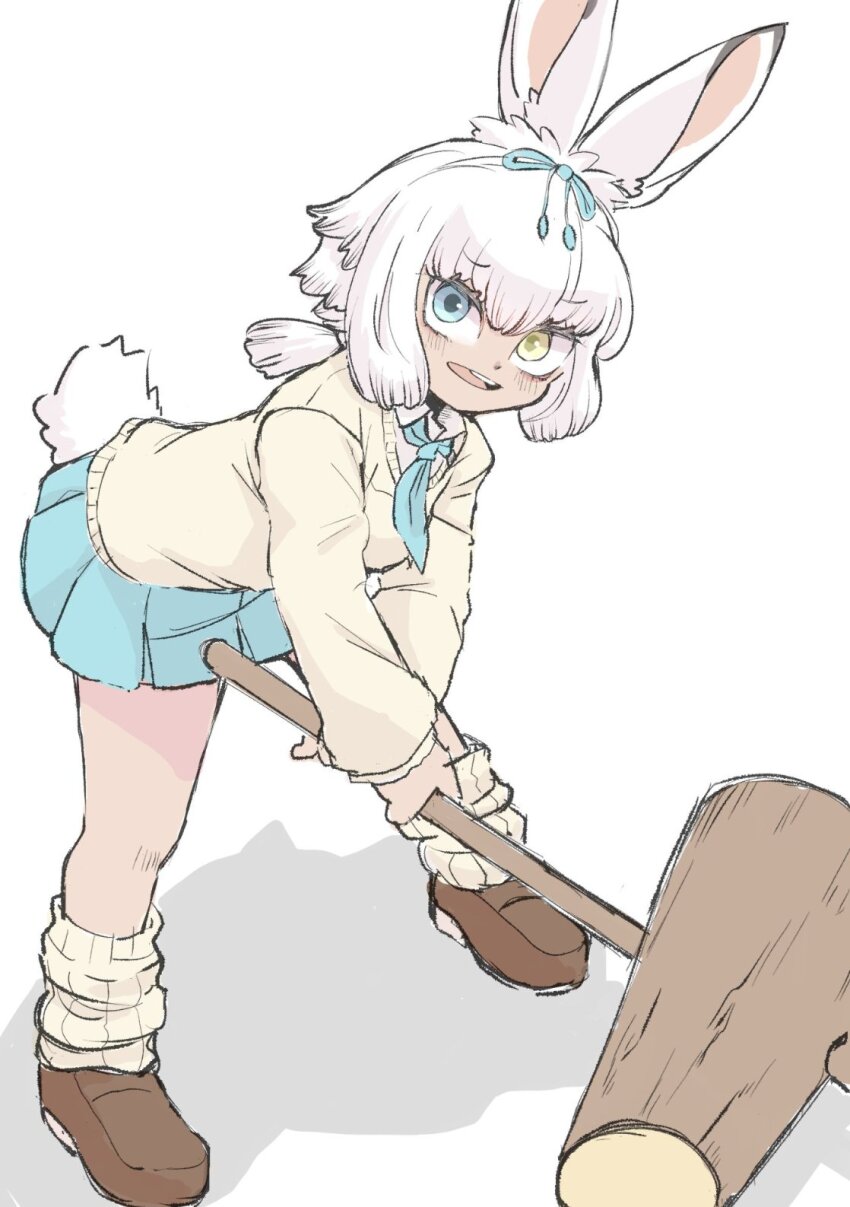 1girl alternate_costume animal_ears blue_bow blue_eyes blue_neckerchief blue_skirt blush bow brown_shoes collared_shirt dark-skinned_female dark_skin hair_between_eyes hair_bow heterochromia highres kemono_friends kine loafers long_sleeves looking_at_viewer loose_socks mallet neckerchief nenkou-san open_mouth pleated_skirt rabbit_ears rabbit_girl rabbit_tail school_uniform shirt shoes short_hair sidelocks skirt socks solo sweater tail tsukuyomi_shinshi_(kemono_friends) white_hair white_shirt white_socks yellow_eyes yellow_sweater