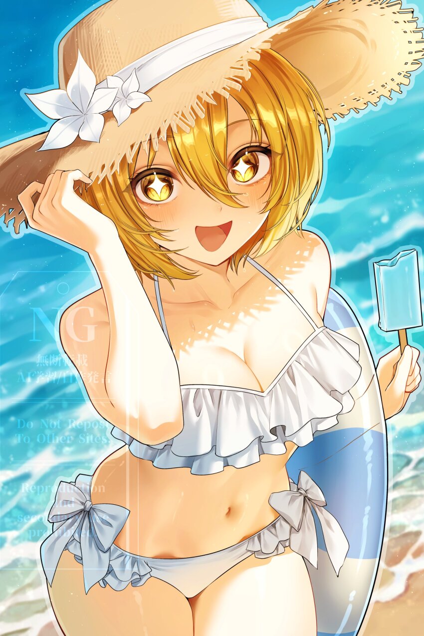 1girl :d absurdres beach bikini blonde_hair bob_cut breasts cleavage collarbone cowboy_shot diamond-shaped_pupils diamond_(shape) don_quixote_(project_moon) food frilled_bikini frills hair_between_eyes hat highres holding holding_food holding_popsicle holding_swim_ring innertube limbus_company looking_at_viewer medium_breasts navel open_mouth popsicle project_moon short_hair smile sohdvh_khos_ph solo straw_hat swim_ring swimsuit symbol-shaped_pupils water white_bikini