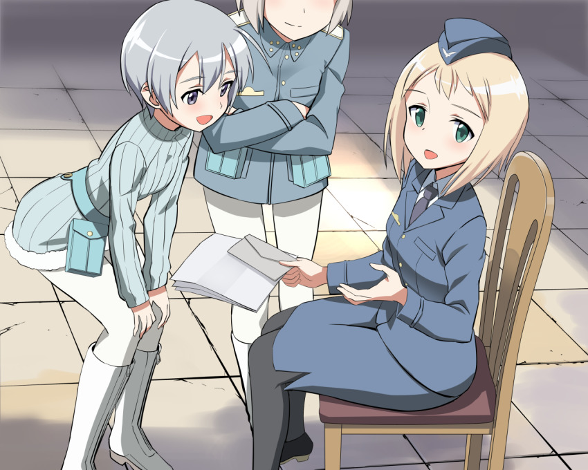 3girls belt black_legwear blonde_hair blue_belt blue_eyes blue_headwear blue_jacket blue_neckwear blue_skirt boots commentary_request country_connection crossed_arms dress_shirt elma_leivonen envelope fur_trim garrison_cap green_eyes hands_on_own_knees hat head_out_of_frame holding holding_envelope holding_paper insignia jacket kaneko_(novram58) knee_boots leaning_forward long_sleeves looking_at_another looking_at_viewer medium_skirt military military_hat military_uniform multiple_girls necktie no_pants on_chair open_mouth pantyhose paper pencil_skirt pouch ribbed_sweater shirt short_hair side_slit silver_hair sitting skirt smile standing stone_floor strike_witches:_suomus_misfits_squadron sweater turtleneck white_footwear white_legwear white_shirt wing_collar wooden_chair world_witches_series zipper