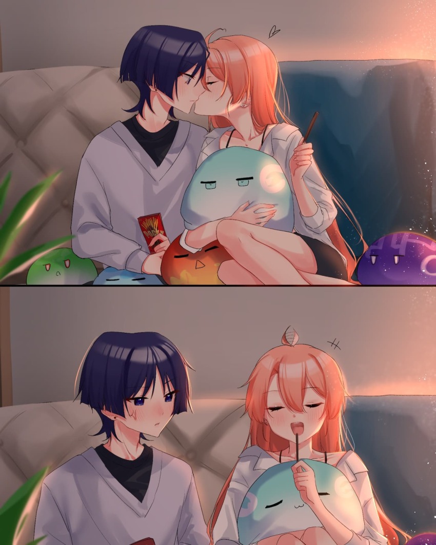 +++ 1boy 1girl ahoge ahoge_wag alternate_costume anger_vein annoyed artist_self-insert black_hair black_shirt black_skirt blunt_ends blush casual closed_eyes closed_mouth collarbone collared_shirt contemporary couch couple curtained_hair double-parted_bangs earrings eating expressive_hair eyelashes eyeliner eyeshadow face-to-face facing_another facing_viewer fingernails food genshin_impact hair_between_eyes hand_up heart hetero highres holding holding_food holding_stuffed_toy indoors jewelry kiss legs_together long_hair long_sleeves makeup oc_x_canon open_mouth original pencil_skirt pink_hair plant pocky red_eyeliner red_eyeshadow scaramouche_(genshin_impact) shirt single_hair_intake sitting skirt slime_(genshin_impact) spaghetti_strap stuffed_animal stuffed_toy surprise_kiss surprised teeth three-quarter_sleeves tongue undershirt upper_teeth_only v-neck white_shirt white_sleeves wide-eyed yoontrsh