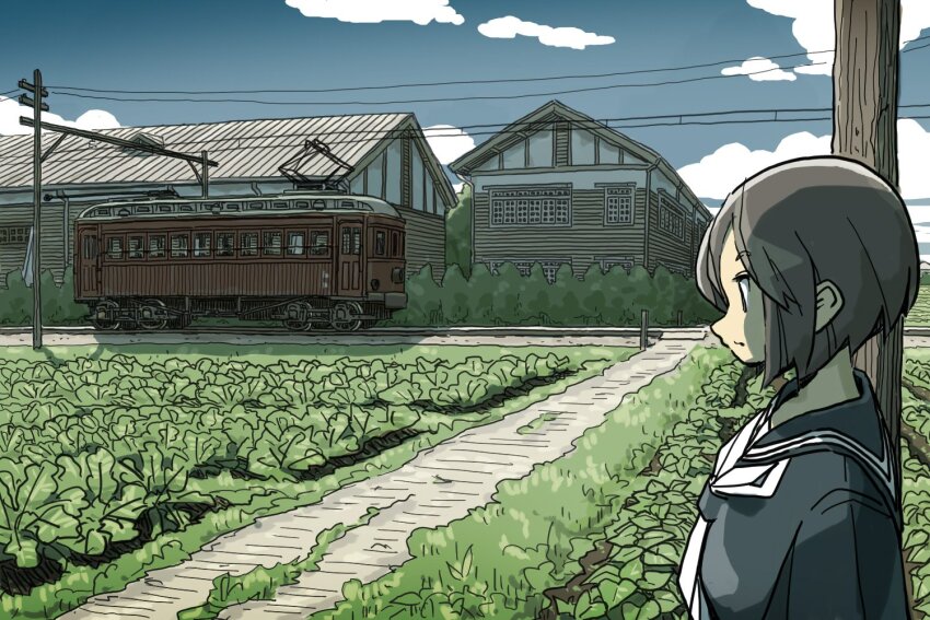 1girl blue_sky bob_cut building cloud day farm grass neckerchief original outdoors overhead_line path profile railroad_tracks road sailor_collar scenery school_uniform serafuku sky solo switchback87 train white_neckerchief
