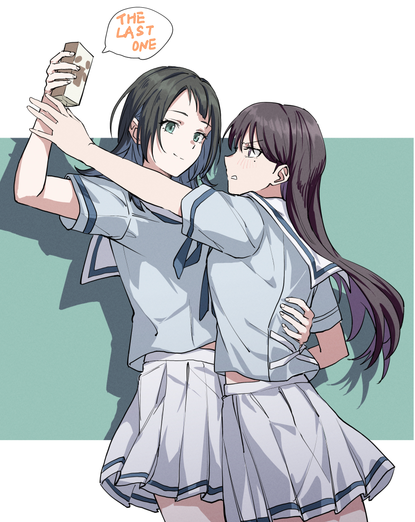 2girls absurdres bang_dream! bang_dream!_it&#039;s_mygo!!!!! black_hair blue_eyes blue_sailor_collar blue_shirt carton closed_mouth commentary english_text hanasakigawa_school_uniform highres joker_(jjjokerrr233) long_hair medium_hair midriff_peek mole mole_under_eye multiple_girls pleated_skirt purple_eyes sailor_collar school_uniform serafuku shiina_taki shirt skirt white_skirt yahata_umiri yuri