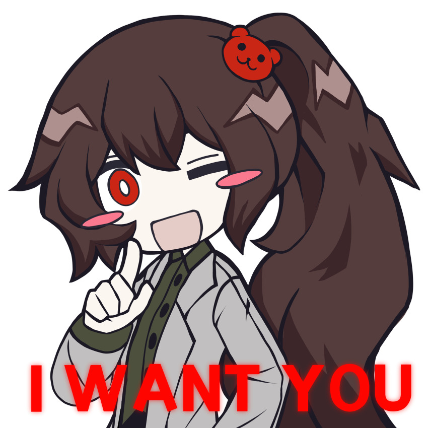1girl absurdres bear_hair_ornament blush_stickers brown_hair carmen_(project_moon) coat collared_shirt debbie_kimm green_shirt hair_ornament highres i_want_you lab_coat lapels lobotomy_corporation long_hair looking_at_viewer notched_lapels one_eye_closed pointing pointing_at_viewer ponytail project_moon red_eyes shirt solo transparent_background very_long_hair white_coat